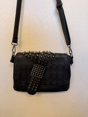 Black Studded Skull Embossed Crossbody Bag - Women